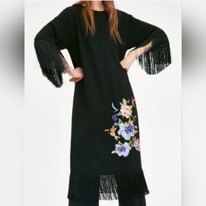 NWT Zara Black Floral Embroidered Dress with Fringe